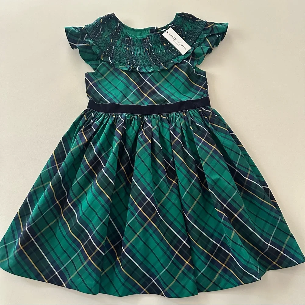 Janie and Jack Girls 10 Green Plaid Smocked Dress Holiday Christmas